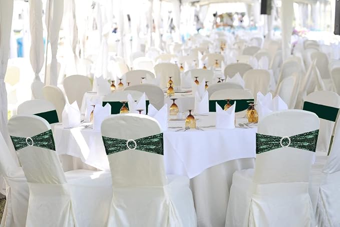 100 Pcs Chair Sashes Sequin Stretch Chair Bands Dark Green Spandex Polyester Bows for Party Hotel Wedding Banquets Decoration - Hunter Emerald Green