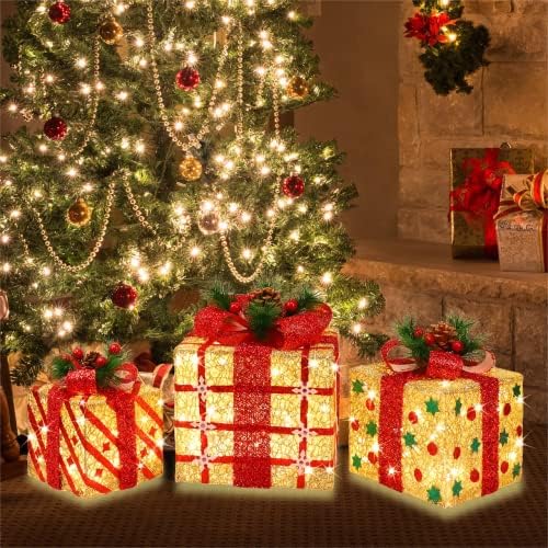 [large 9.5"x8"x6.5" christmas set of 3 lighted gift shown in use