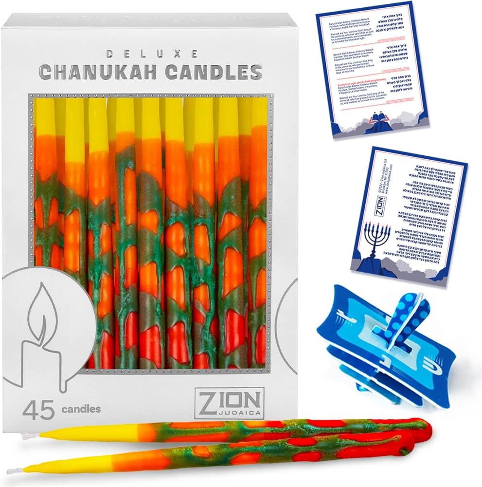 Zion Judaica Deluxe Chanukah Candle Set Blaze of Fire 45 Hand Made Thin Long Decorative Hanukkah Candles for Menorah Includes Prayer Card and DIY Dreidel Décor Candles for Parties Celebrations