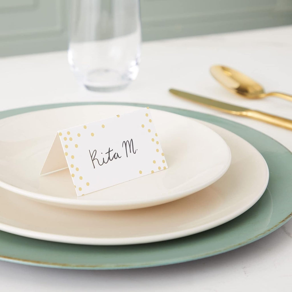 Best Paper Greetings Place Cards for Table Setting - 3.5 x 2 In Folded, 100 Pack, Gold Foil Polka Dots, 250gsm Paper - Place Card Holders & Food Tags for Weddings & Dinner Parties