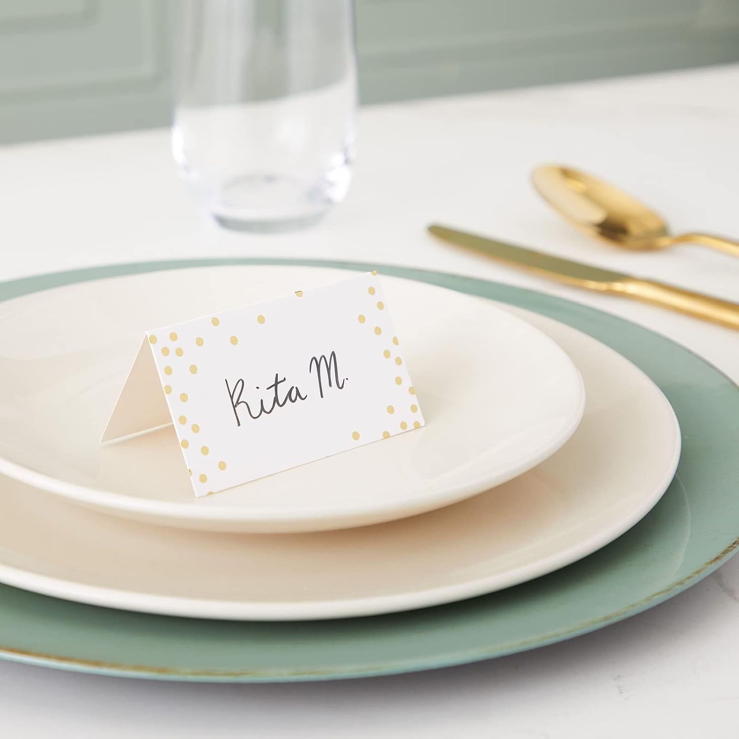 Best Paper Greetings Place Cards for Table Setting - 3.5 x 2 In Folded, 100 Pack, Gold Foil Polka Dots, 250gsm Paper - Place Card Holders & Food Tags for Weddings & Dinner Parties