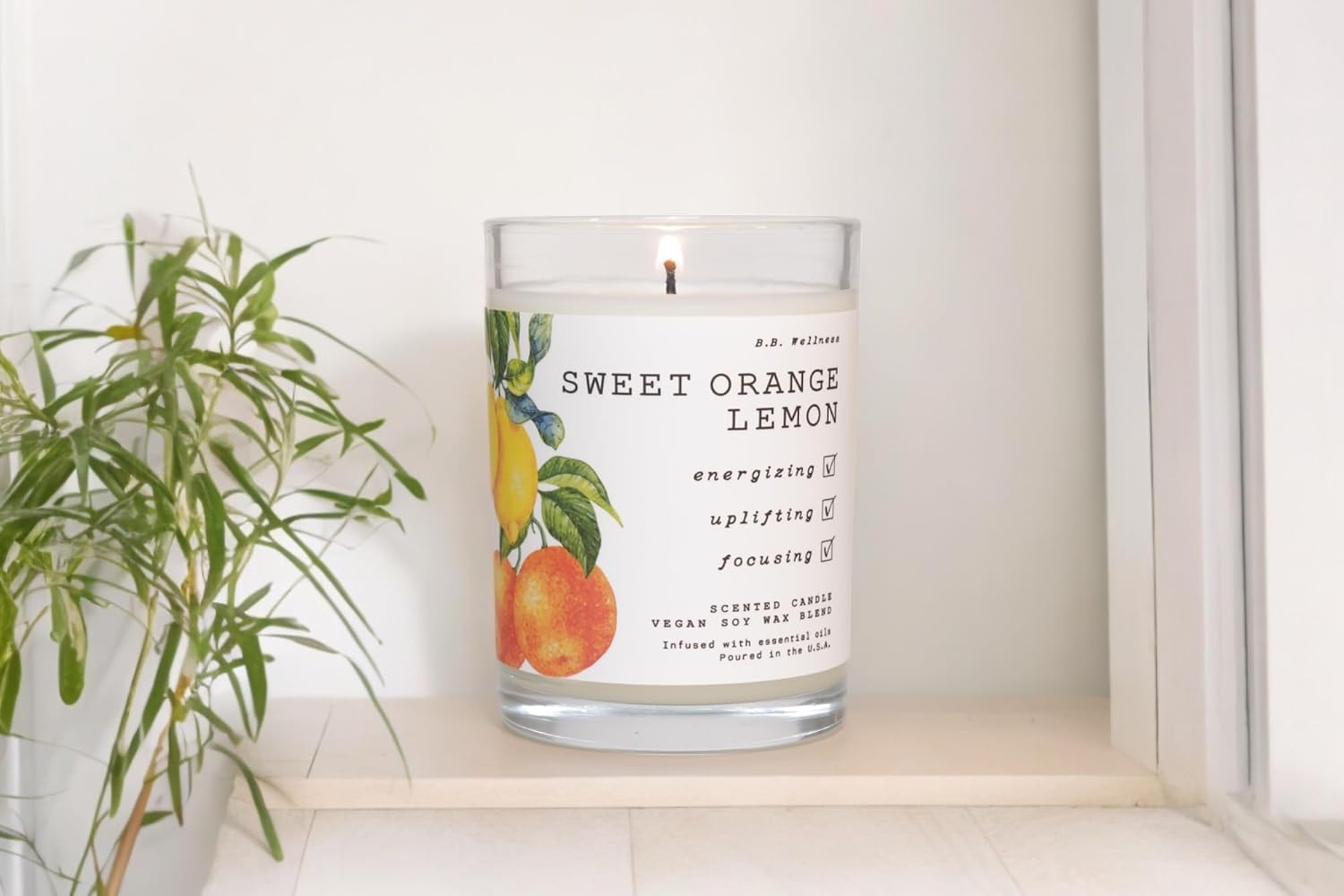 LEOBEN CO – Sweet Orange Lemon Scented Candle – 9oz, B.B. Wellness Collection Design – 50 hr Burn Time – Poured in California Using Vegan Soy Wax and Essential Oils – Made in Small Batches