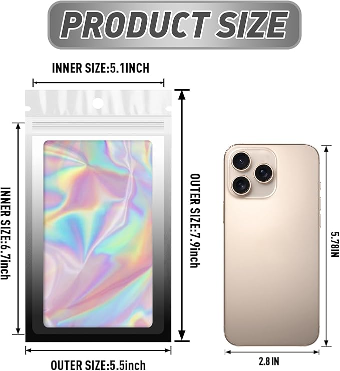Funfery 100 Pack Gradient Holographic Bags,Resealable Bags with Zipper,Clear Window Packaging Pouchs,Foil Bag for Food Storage,Small Business,Sample Jewelry Bag(5.5×7.9In,White Black)