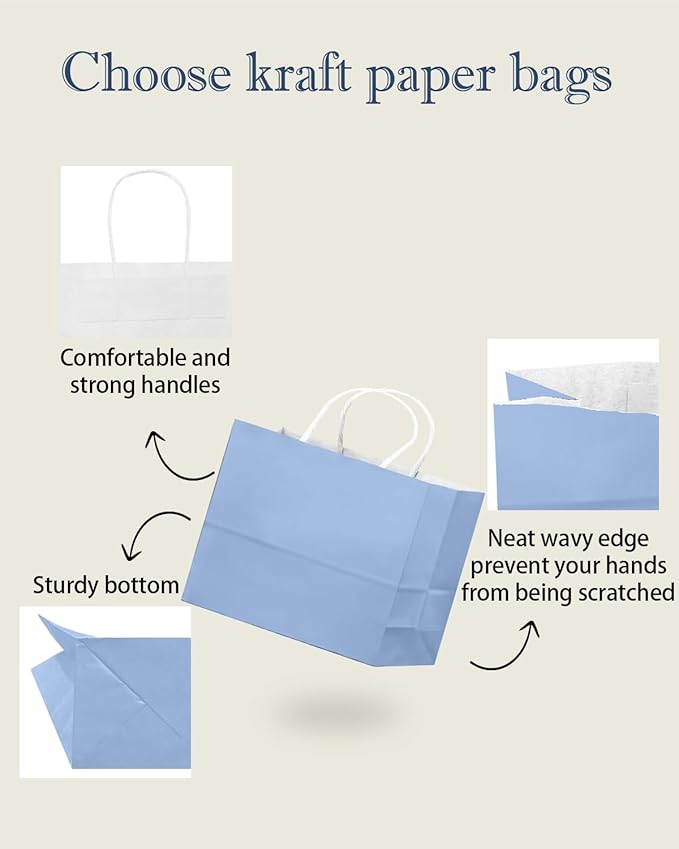 qiqee 100PCS Large Gift Bag with Handles Bulk 13"x4.5"x10" Gift Bags Light Blue Multiple Uses (32x11x25cm,Wide Large)