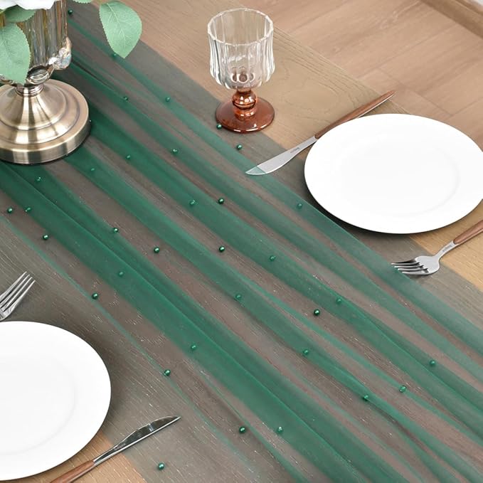 Joanlody Fall Pearl Table Runner 10ft Rustic Boho Tulle Table Runner with Pearls for Baby Shower Wedding Party Veil Dessert Thanksgiving Table Decor Emerald Green 4pcs
