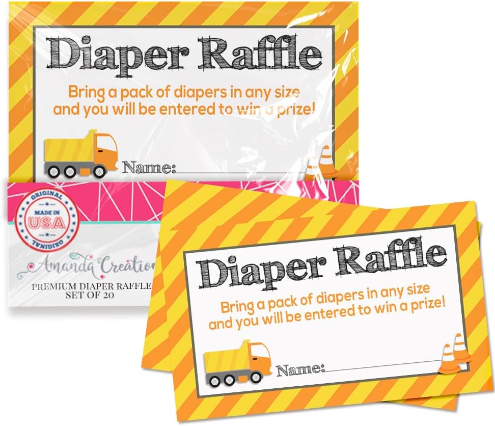 Amanda Creation Baby Under Construction Diaper Raffle Tickets for Baby Boy Showers, 20 2" X 3” Double Sided Insert Cards for Games, Bring a Pack of Diapers to Win Favors & Prizes!