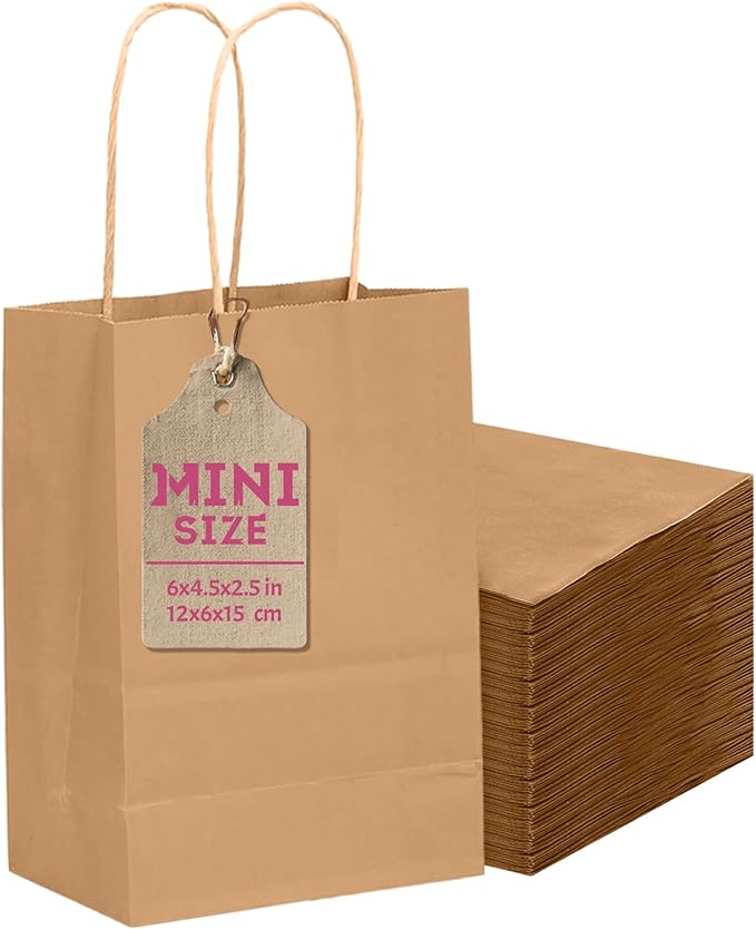 qiqee 50-Packs Brown Paper Gift Bags with Handles Bulk 4.5"x2.5"x6" Mini Size Party Favor Bags Multiple Uses