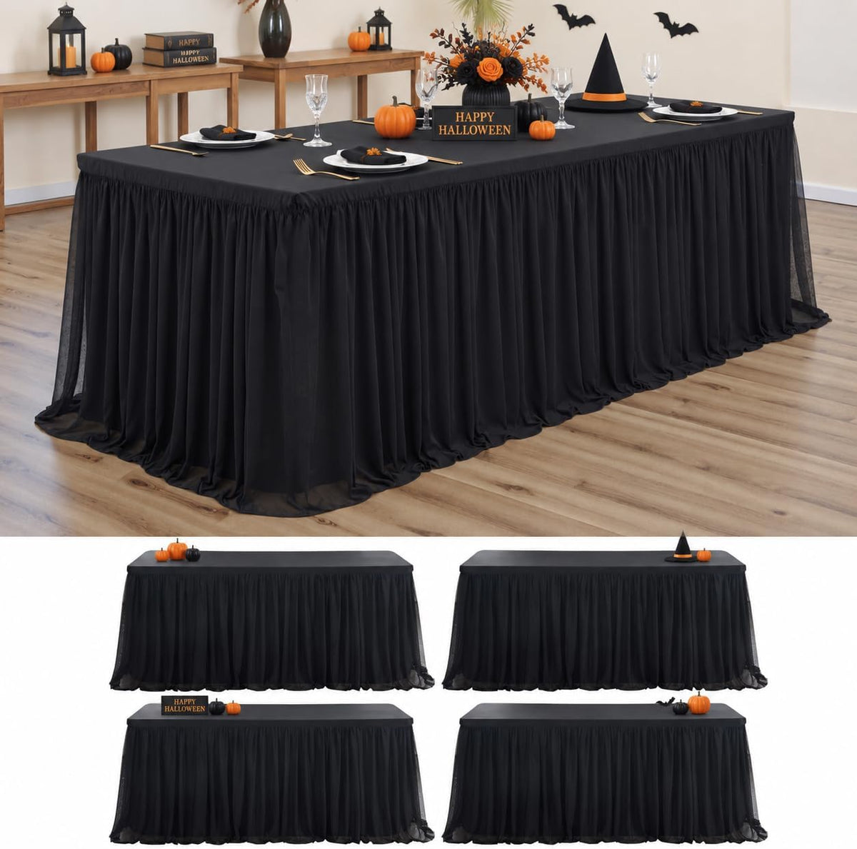 Black Tulle Tablecloth for 8 FT Rectangle Tables 4-Pack, Ideal for Weddings
