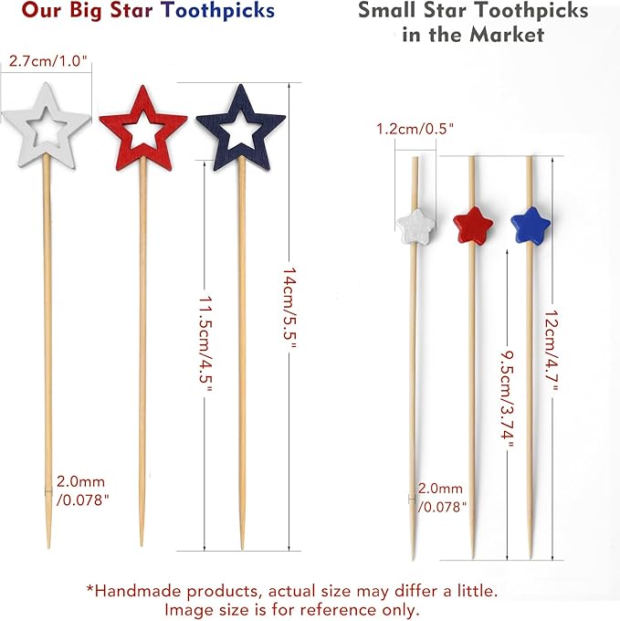 Minisland Mixed Red Blue White Star Cocktail Picks, 5.5 Inch Long Bamboo Fancy Toothpicks for Appetizers, Decorative Independence Day Party Food Drinks Garnish Fruit Skewer Sticks 50 Counts - MSL435