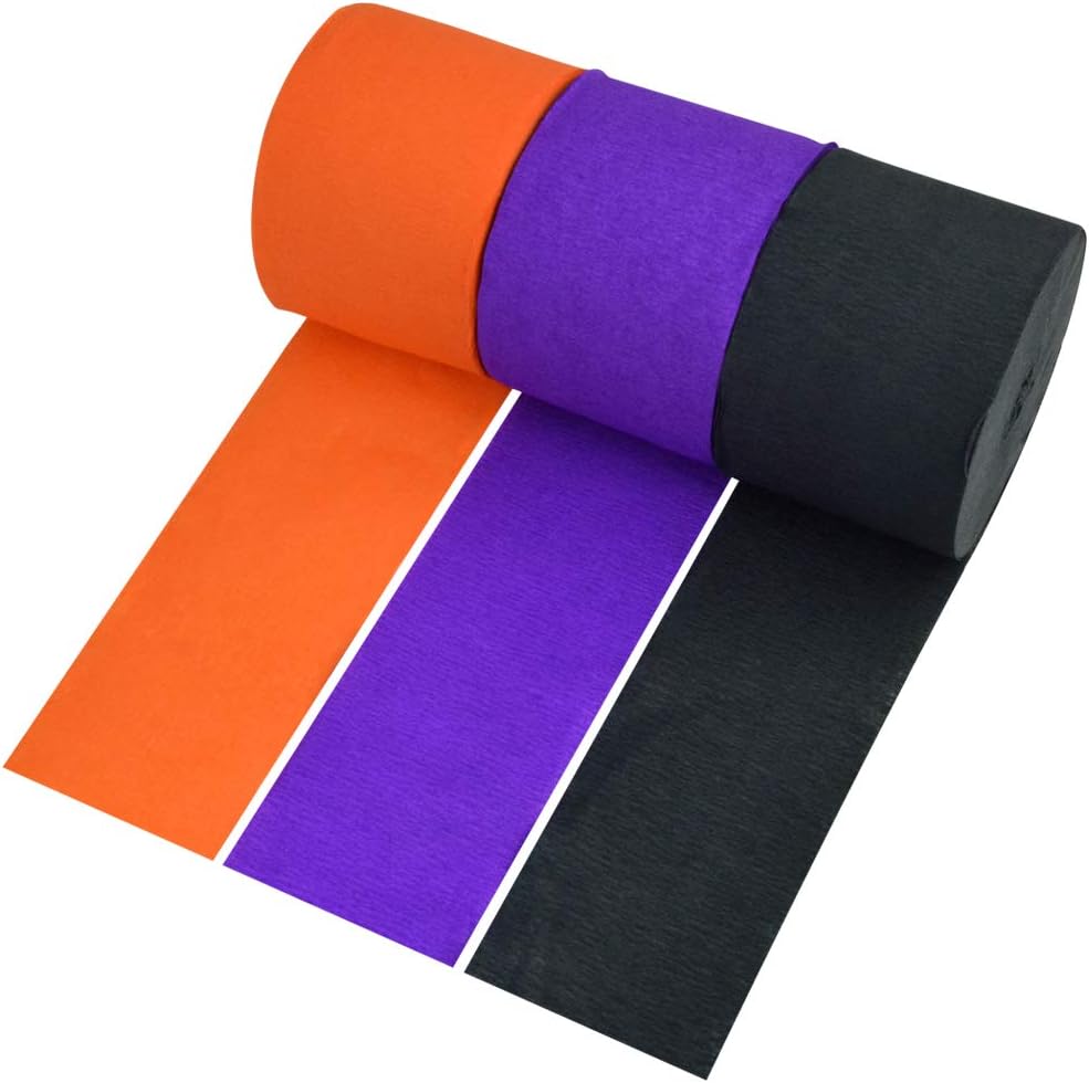 jiebor Crepe Paper Streamers for Halloween Black Orange Purple Crepe Paper Roll Halloween Party Room Wall Decor, 9 Rolls 738 Ft