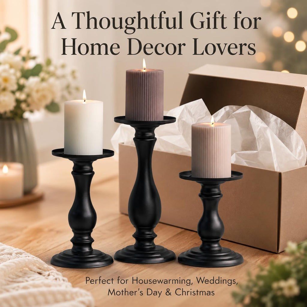 Matte Black Pillar Candle Holders Set of 3, 6/8/10 Inch Metal Stands for 3 or 4 Inch Pillars, Fireplace Mantel Table Centerpiece, Rustic Farmhouse Wedding Decor