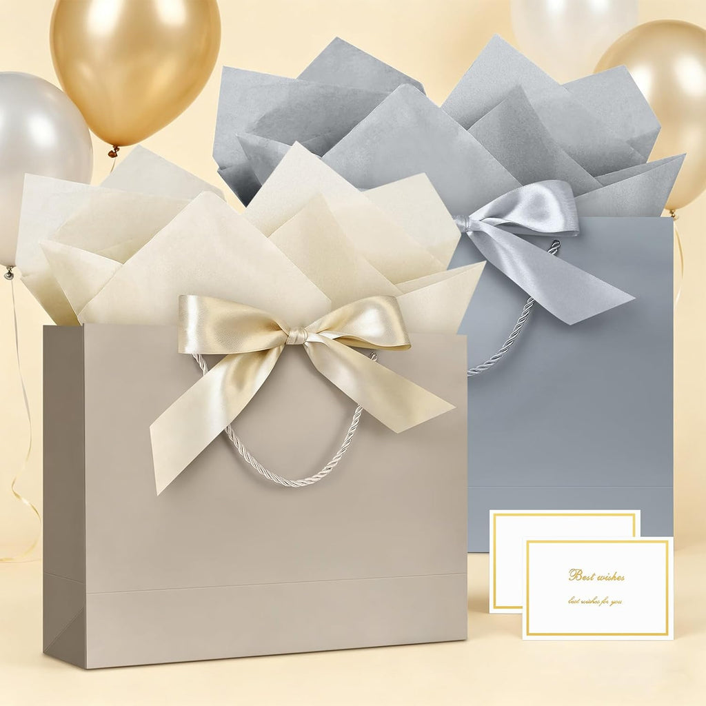 JMANNI Gift Bags with Handles, 13” Medium Gift Bag for Presents, 1 Pcs Bags with 2 Tissue Paper and 1 Cards for Graduation Baby Shower Wedding Fathers Day Mother's Day Birthday Party（champagne gold）