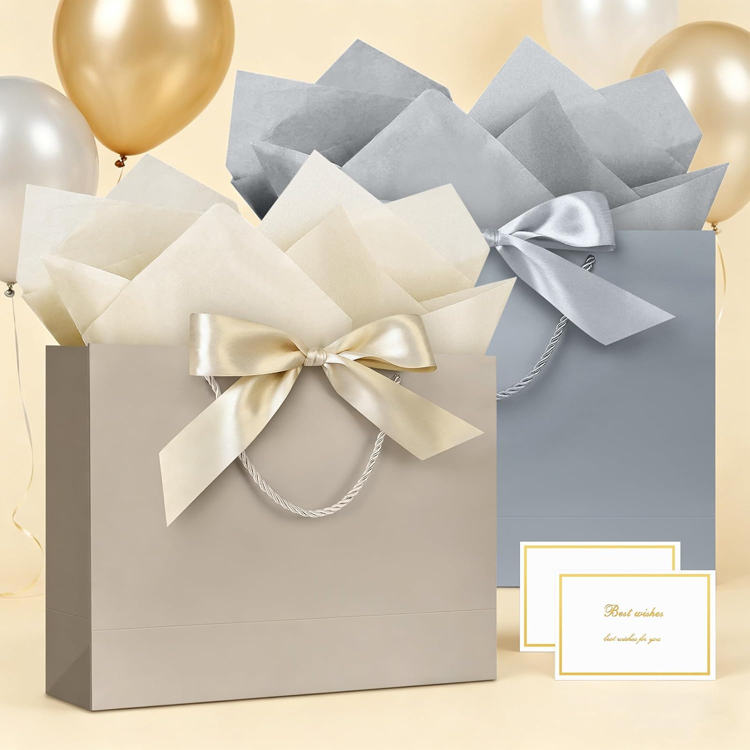JMANNI Gift Bags with Handles, 13” Medium Gift Bag for Presents, 1 Pcs Bags with 2 Tissue Paper and 1 Cards for Graduation Baby Shower Wedding Fathers Day Mother's Day Birthday Party（champagne gold）