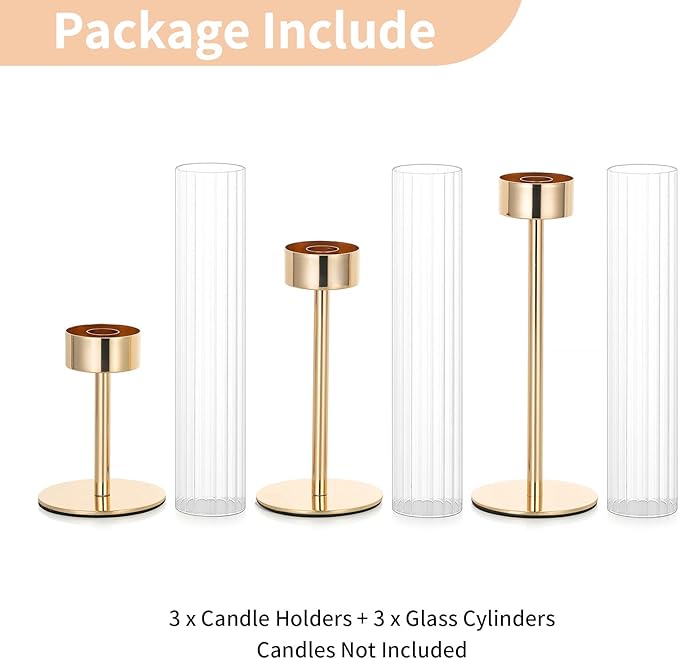 NUPTIO Tall Candlestick Holders for Centerpiece: Hurricane Candle Stick Holders with Ribbed Glass Sleeve - Gold Metal Candleholder Set of 3 for Table Fireplace Living Room Decor