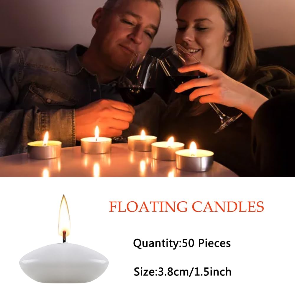 50 Pieces 1.5 Inch Valentine's Day Floating Candles, Unscented Floating Candles for Centerpieces Dripless Wax Discs for Wedding, Valentine's Party, Pool Party, Spa & Bathtub(White)