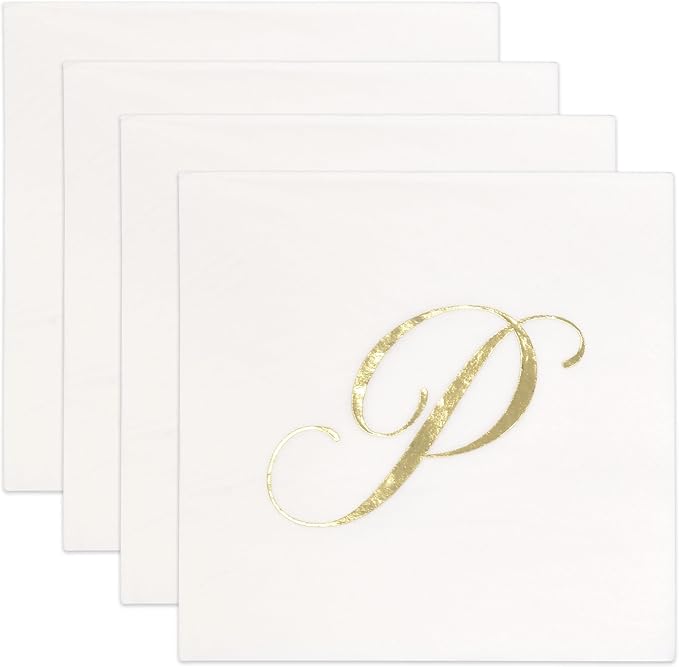 Gift Boutique - 100 Gold Monogram Cocktail Napkins Letter P Disposable Paper Pack Elegant Metallic Golden Foil Hand Napkin for Powder Room Wedding Holiday Birthday Party Baby Shower Decorative Towels