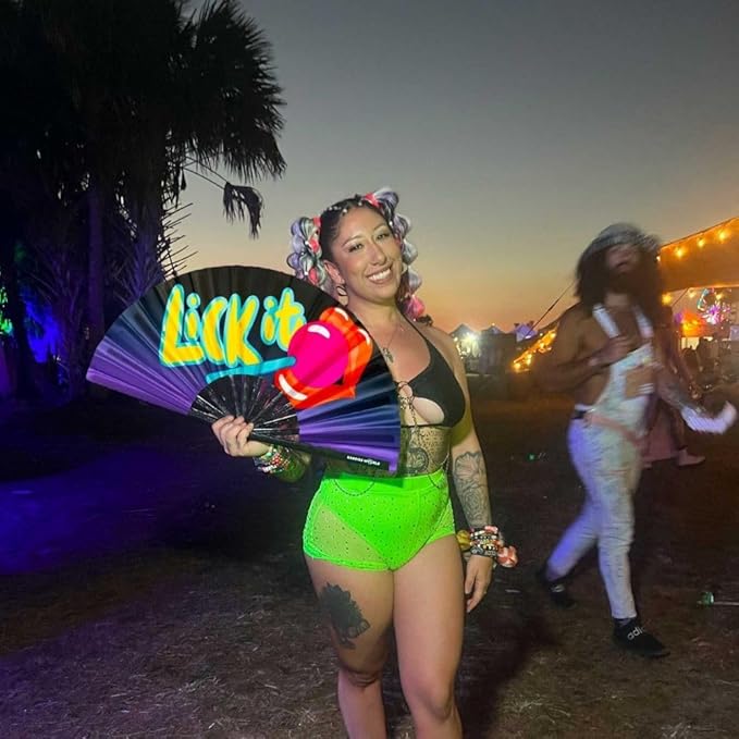 Kandies World UV Reactive Custom Festival Folding Hand Fan - Unique Designs, Made of Bamboo, Clacking Sound, Lightweight - Perfect Rave and Festival Accessory!