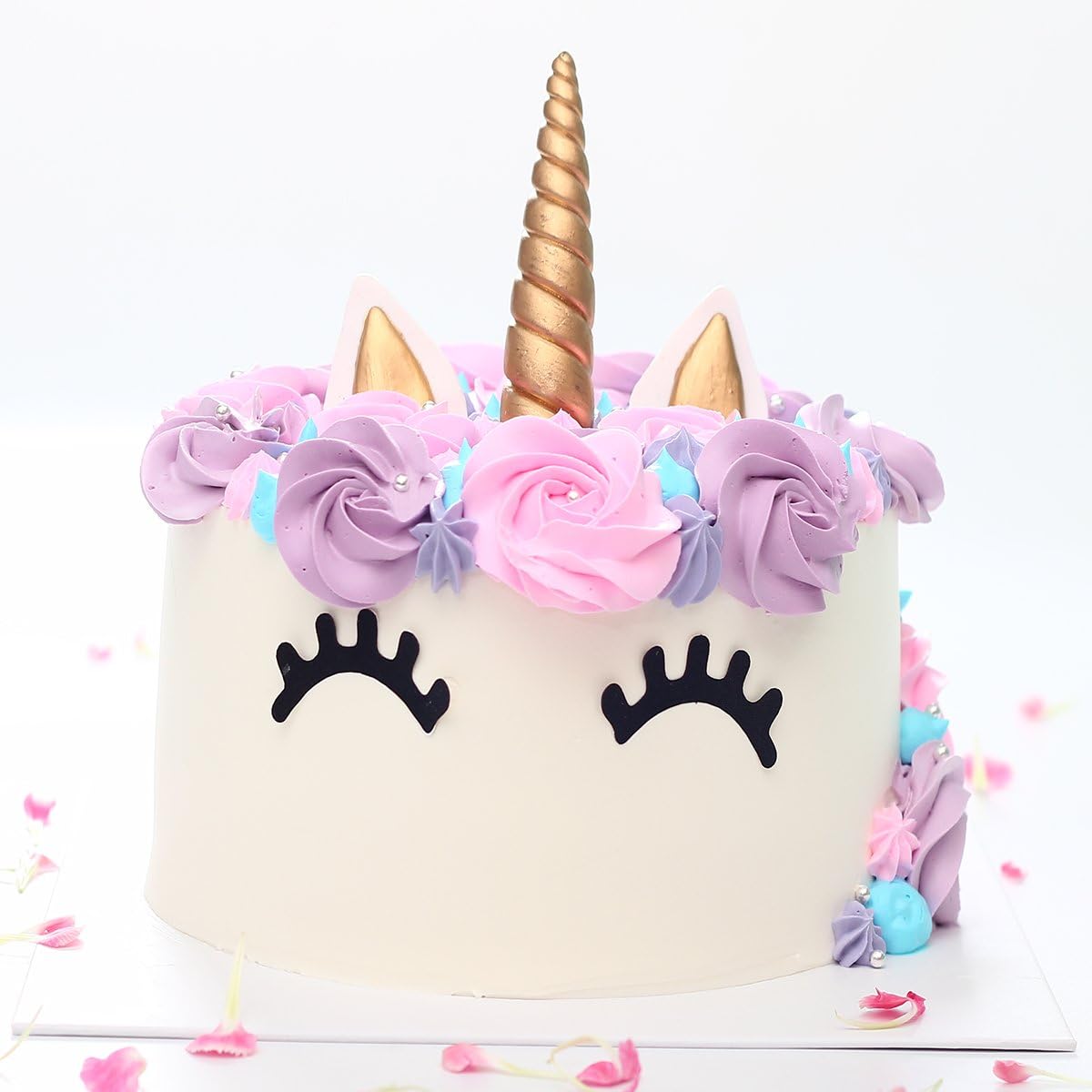 Unicorn Cake Topper, Reusable Gold Unicorn Horn, Ears and Eyelashes Party Cake Decoration Value Set for Unicorn Party Decoration for Baby Shower, Wedding and Birthday Party(Set of 5)