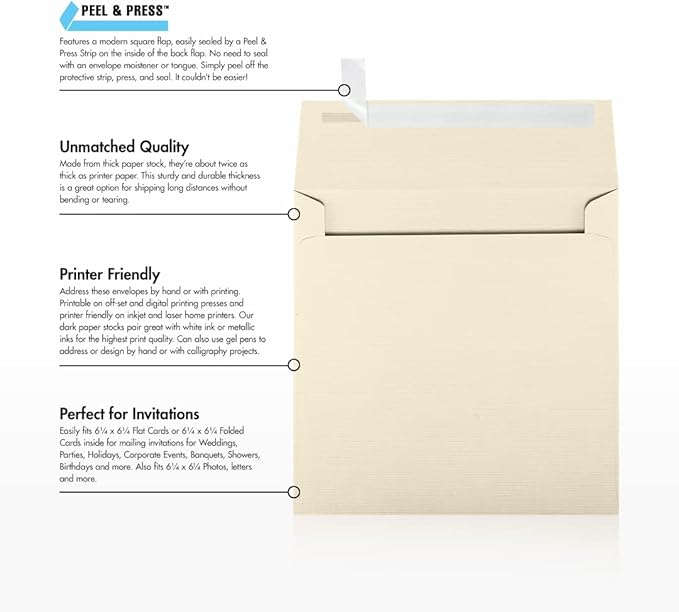 LUXPaper Square Invitation Envelopes | Peel & Press | 6 1/2" x 6 1/2" | Natural Linen | 80lb. Text | 50 Qty