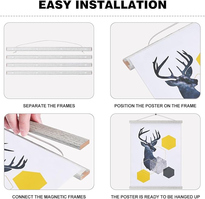 Magnetic Poster Hanger, 36x48 36x24 36x12 Poster Frame Wood Wooden Magnet Print Posters Dowel Scroll Hanger Hangers Hanging Kit for Walls Map Canvas Artwork (Grey, 36")