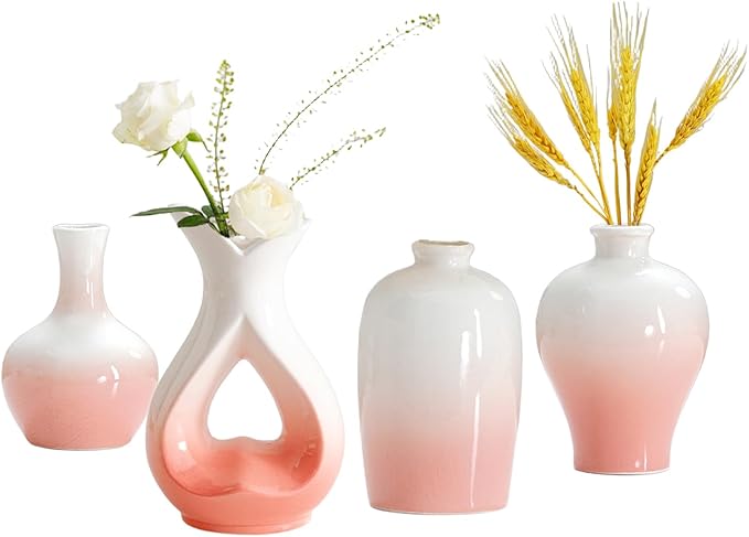 Small Ceramic Vases Decorative 4pcs Pink-White Modern Farmhouse Vase Pottery for Bouquet Pampas Grass Dried Fresh Flowers Kitchen, Bedroom, Bathroom, Entryway, Centerpieces Home Decor Jarrones para