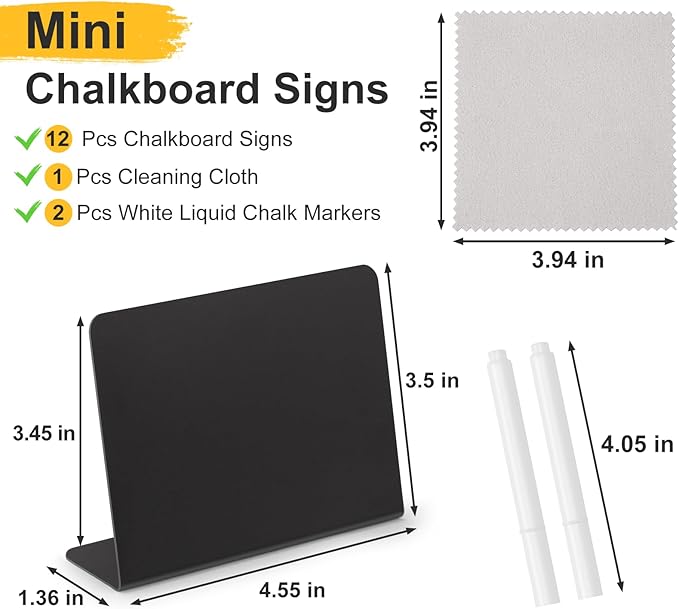 12 Pcs 4"x3" Mini Chalkboard Signs for Food, Reusable PVC Food Labels, Reserved Table Signs for Party Buffet, Birthdays, Bakery, Weddings Table Numbers, Buffet Display, Place Cards, Name Tag