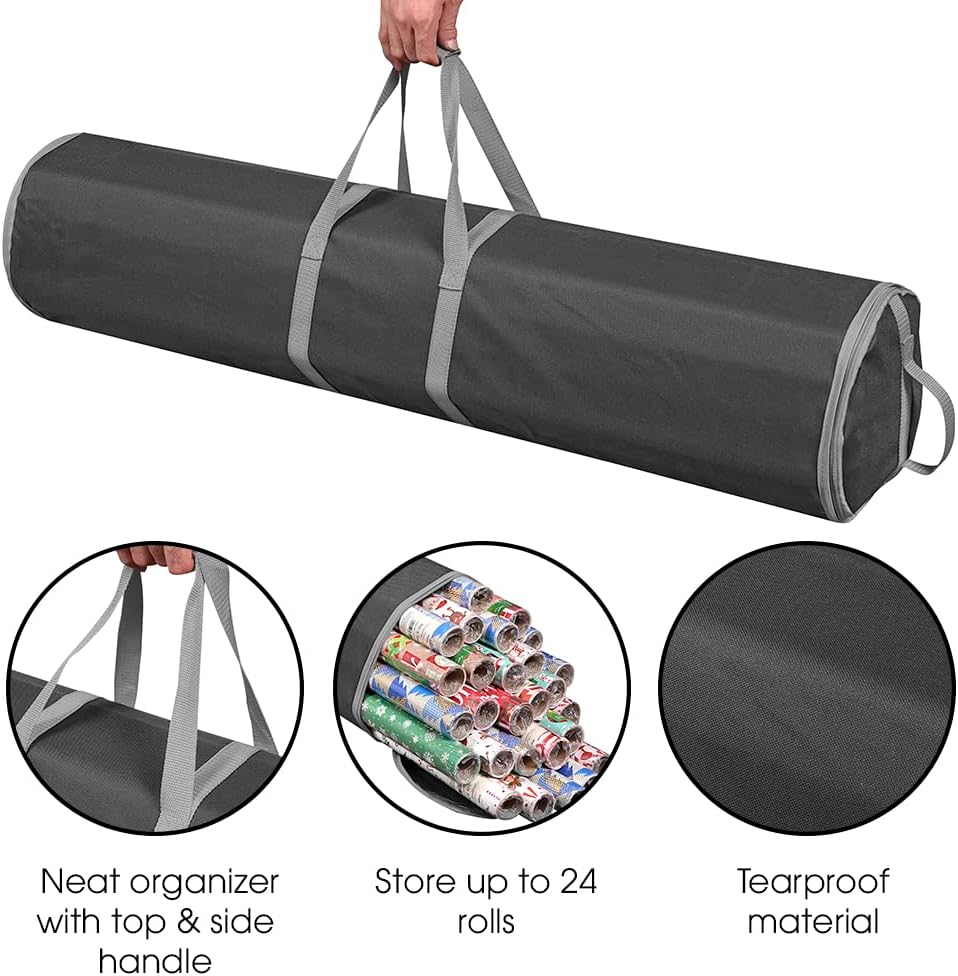 ProPik Wrapping Paper Storage Bag | Gift Wrap Holder Organizer | 2 Pack Store Up to 48 Rolls 40 Inch Long | Heavy Duty 600D Oxford Material Holiday Container | Top & side handles (Black)