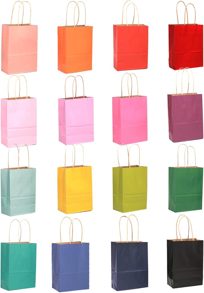 qiqee 32 Pcs Mini Paper Gift Bags with Handles 6"x4.5"x2.5" Small Brown Kraft Party Favor Bags 16 Different Senior Color Rainbow Treat Bags Multiple Uses (Mini size)
