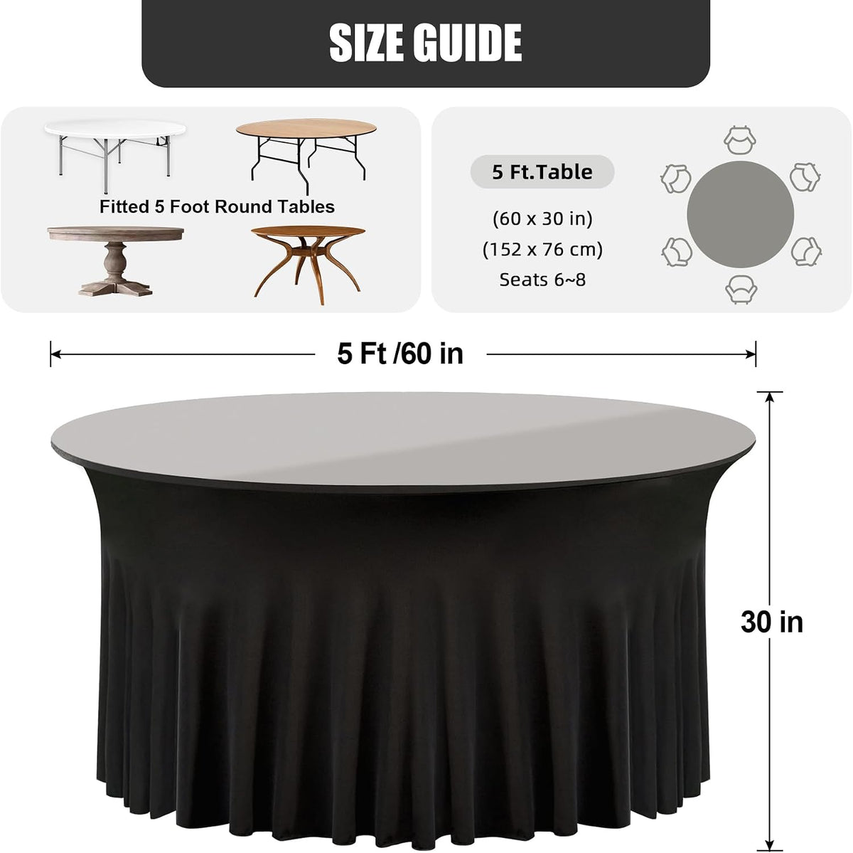 black round spandex tablecloth 60 inch, wrinkle free, side view
