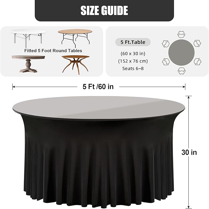 8 Pack Black Round Spandex Tablecloth 60 Inch, Wrinkle Free Stretch 120 Inch Fitted 5ft Black Table Cloths Round Table Covers with Ruffle Skirt for Graduation Wedding Party Banquet