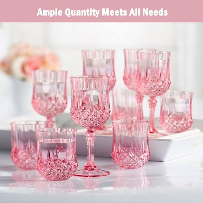 Plastic Wine Glasses，Plastic Goblets Vintage Style Cordial Drinking Glasses for Wedding Reception, Grand Event Party Supplies (12, Pink)