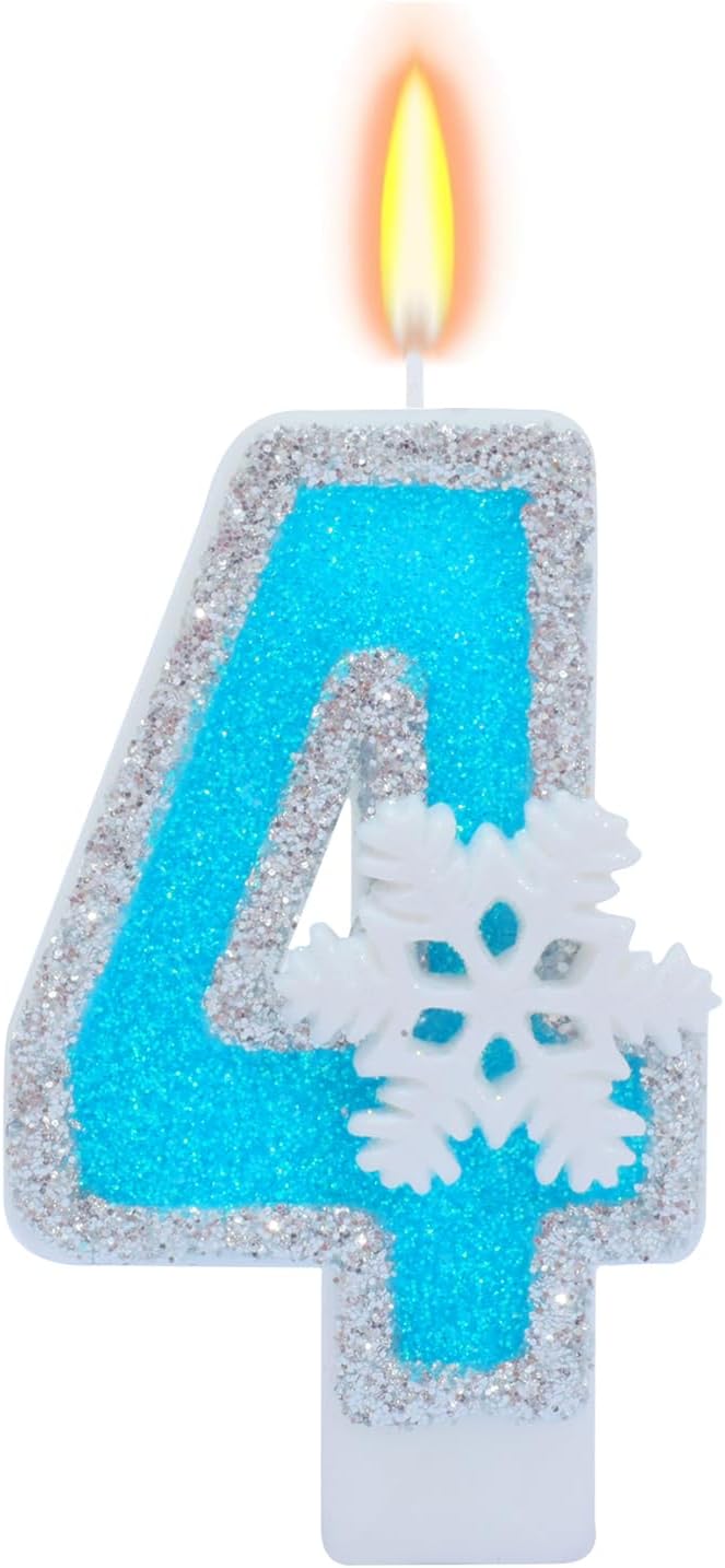 Blue Frozen Birthday Party Decorations, White Snowflake Number Candles 0-9, Kids Adults Birthday Anniversary Wedding Party Supplies, 2.87 inch Number 4 Cake Topper Decoration (Blue, Number 4)