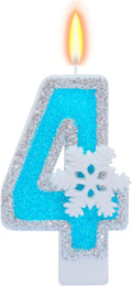 Blue Frozen Birthday Party Decorations, White Snowflake Number Candles 0-9, Kids Adults Birthday Anniversary Wedding Party Supplies, 2.87 inch Number 4 Cake Topper Decoration (Blue, Number 4)