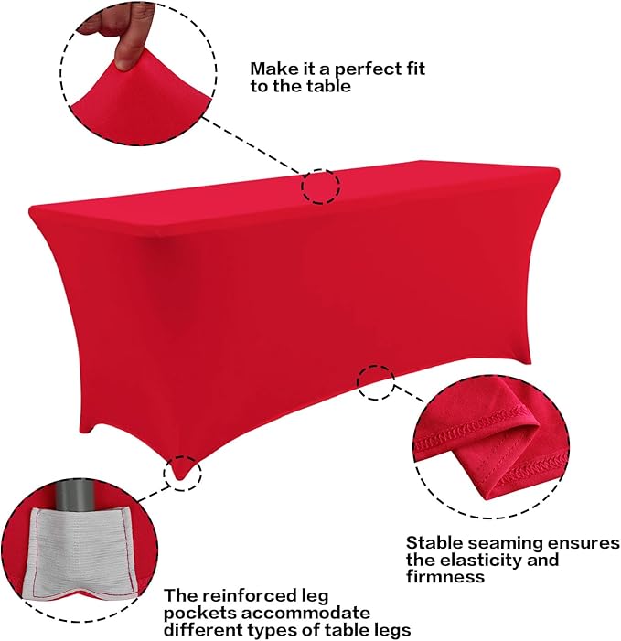 IVAPUPU 2 Pack 4FT Table Cloth for Rectangular Fitted Events Stretch Red Table Covers Washable Cover Spandex Tablecloth Protector for Party, Wedding, Cocktail, Banquet, Festival