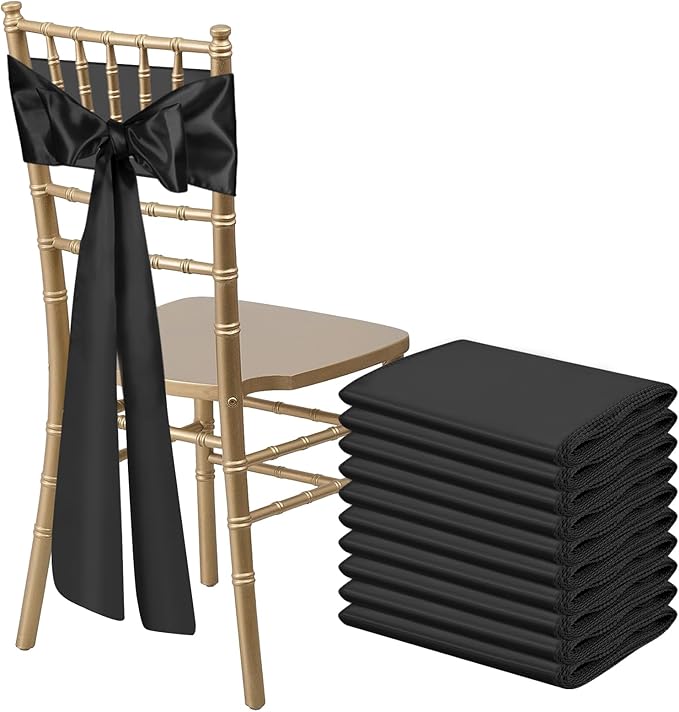 10 PCS Black Satin Chair Sashes Bows Universal Chair Ribbon Ties Back Sash for Wedding Party Reception Events Banquets Hotel Event Chair Cover Decoration (Champagne 7x108 inch)