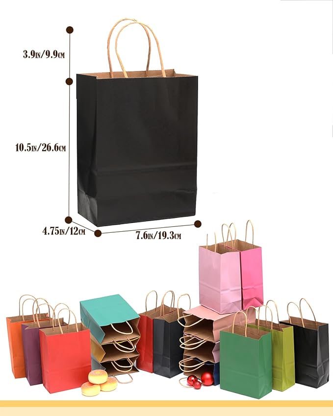 qiqee 100Pcs Medium Size Paper Gift Bags with Handles - 11"x8.3"x4.3" Kraft Small Party Bags - 16 Solid Colors