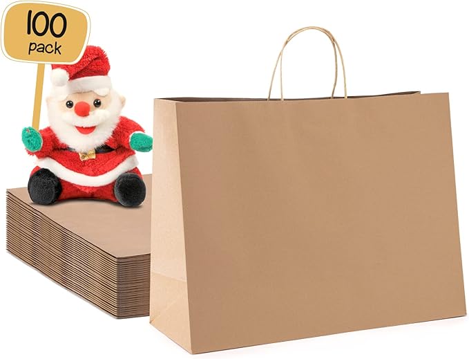 METRONIC Large Paper Bags With Handles 16x6x12 100pc, Shopping Gift Bags Bulk for Small Business, Groceries, Merchandise (Brown)