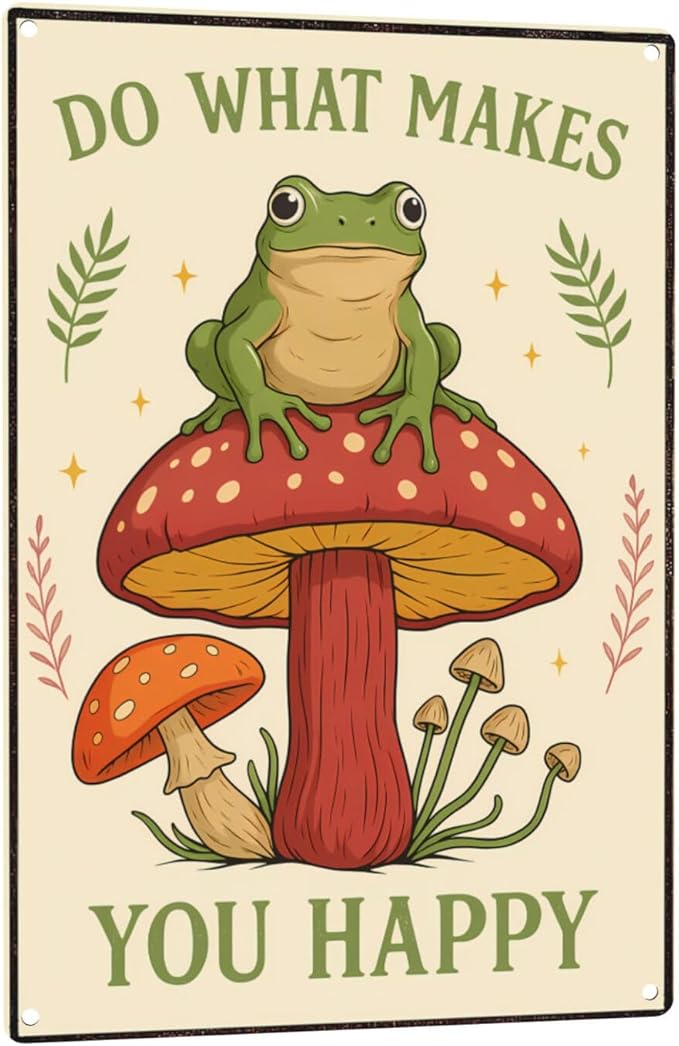 Funny Frog on Mushroom Metal Sign - Cute Cottagecore Forest Wall Decor for Bathroom, Kitchen, Bedroom or Patio - Whimsical 12" x 8" Tin Sign
