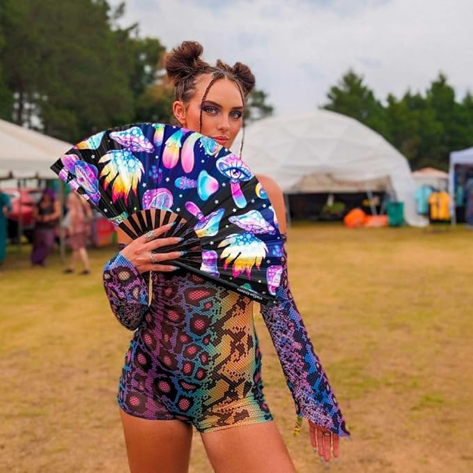 Kandies World UV Reactive Custom Festival Folding Hand Fan - Unique Designs, Made of Bamboo, Clacking Sound, Lightweight - Perfect Rave and Festival Accessory!