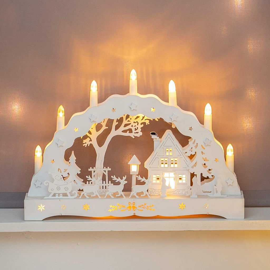 The Christmas Workshop 88200 Wooden Illuminated Candle Bridge | 7 Warm White Candles | Indoor Christmas Decoration | Battery Operated | 43cm x 28cm x 8cm