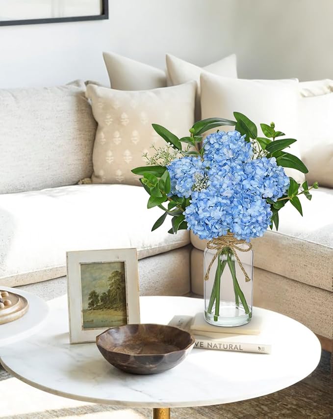 Hollyone Blue Hydrangea Artificial Flowers in Clear Glass Vase with Faux Water Silk Hydrangeas Fake Flowers Floral Arrangement for Home Bathroom Kitchen Office Table Centerpiece Shelf Decorations