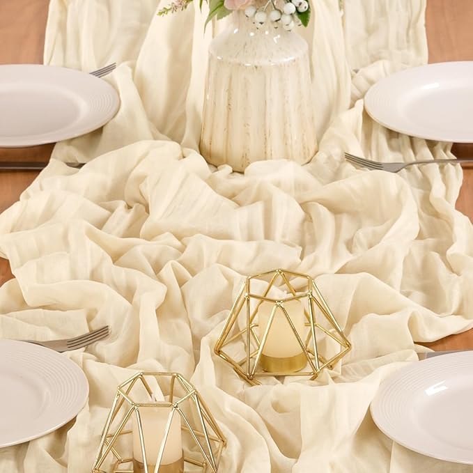 MLMW 4 Pack Beige Table Runner Cheesecloth Boho Gauze Rustic Cheese Cloth Table Runner 160 inch Sheer 13.3ft for Thanksgiving Wedding Party Baby Bridal Shower Birthday
