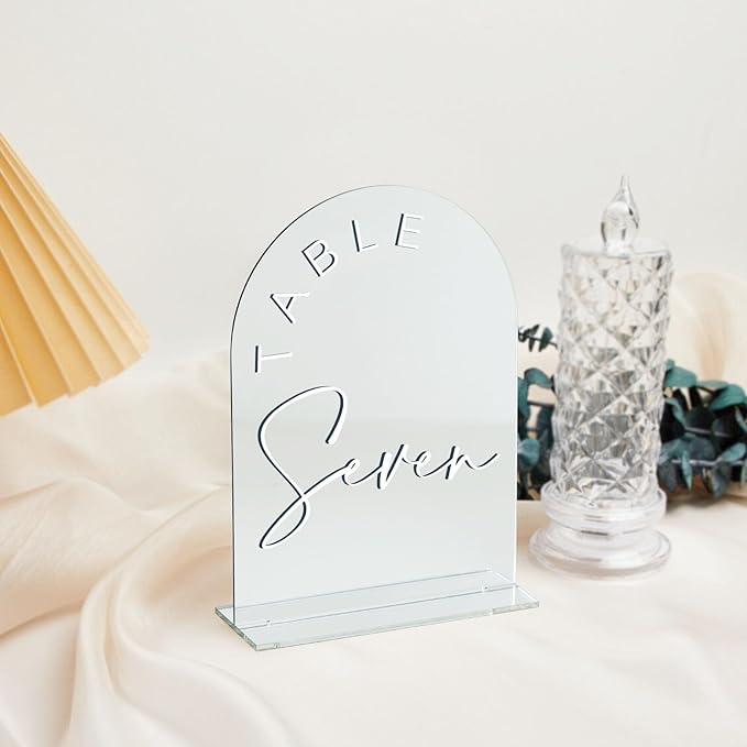JINMURY Sliver Arch Wedding Table Numbers 1-10 with Stands, 5x7 Inch Acrylic Arch Sign with White Lettering, Sliver Mirror Acrylic Table Numbers for Wedding Reception