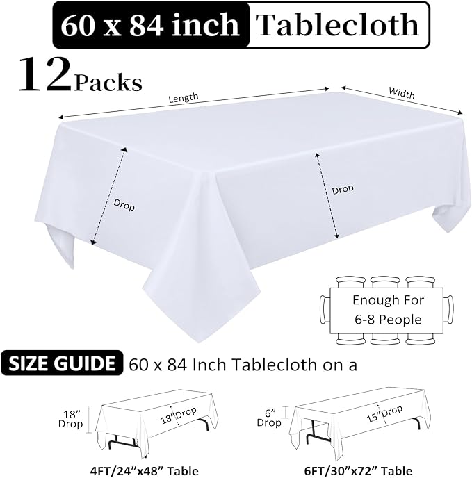 12 Pack White Table Cloth 60 x 84 Inch Rectangular Tablecloths for 4 Foot Rectangle Tables, Wrinkle Resistant White Tablecloth Washable Polyester Fabric Table Covers for Buffet Wedding Party Banquet