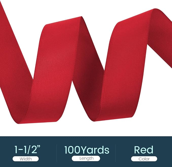 1-1/2" X 100 Yards Red Grosgrain Ribbon, Premium Grosgrain Ribbon for Sewing, Gift Wrapping, Bow Making, Wedding Decor, Wrapping and More (Red)