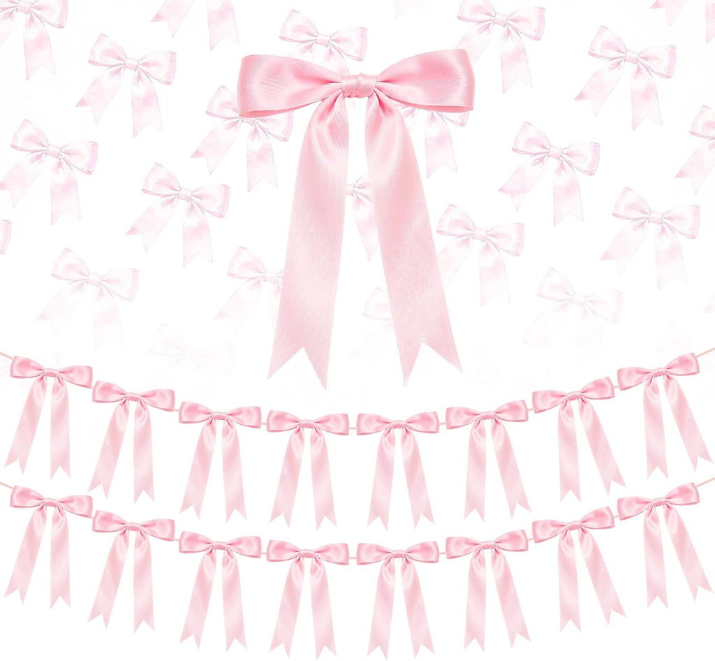 2 Strings Pink Bow Garland Banner Decorations, 16Pcs Pre-Strung Satin Ribbon with 6.7ft Chain for Girl Pink Ribbon Bow Banner Coquette Room Birthday Baby Bridal Shower Wedding Bachelorette Party Decor