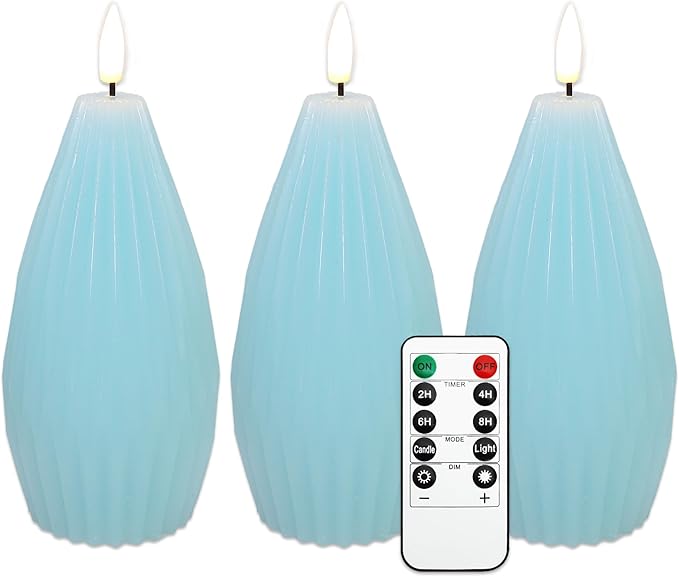 Silverstro Ocean Flameless Candles Remote Irregular Polygon Ribbed Design Real Wax Flicker Battery Operated Candles for Home Party Wedding Thanksgiving Christmas Nautical Decor - Set of 3(Blue)