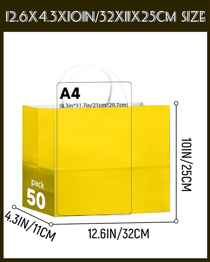 qiqee 50-Packs Bright Yellow Paper Gift Bags with Handles Bulk 12.6"x4.3"x10" Wide Large Size Party Favor Bags Multiple Uses