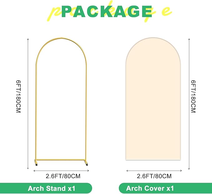 Metal Arch Backdrop Stand and Cover Set, 6FT Beige Reusable Spandex Fitted Backdrop Cover and Gold Wedding Arch Frame for Baby Shower, Birthday, Parties Decoration.