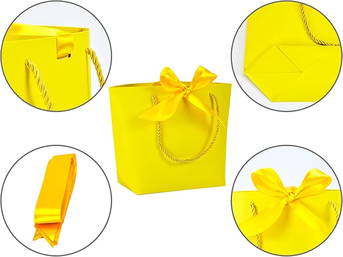 HUAPRINT Gift Bags with Handles,7.48×3.54×7.9 inches,Party Favor Bags with Bow Ribbon,12Pcs Yellow Paper Bags for Birthday Wedding Bridesmaid Present Celebration Holiday